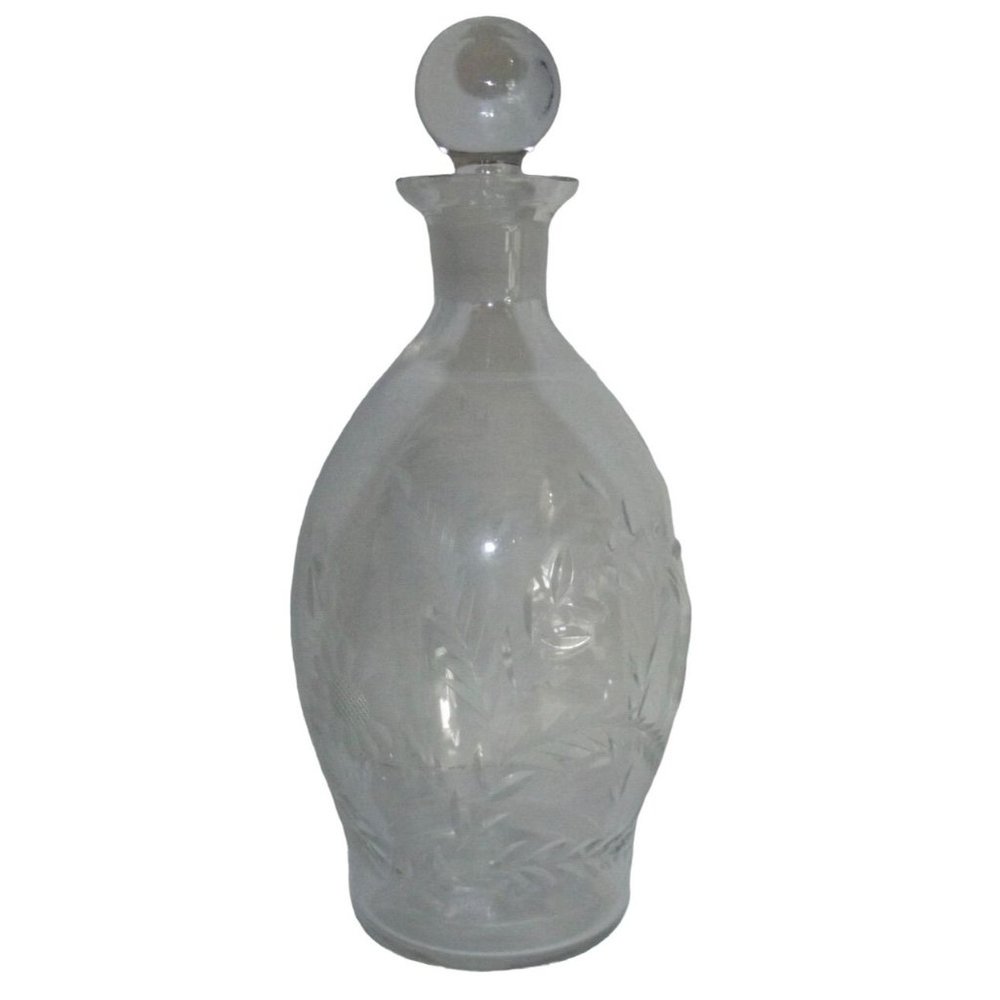 Decanter Clear Glass Flower Etched )8" w/Stopper) barware leaves (16-17 oz)